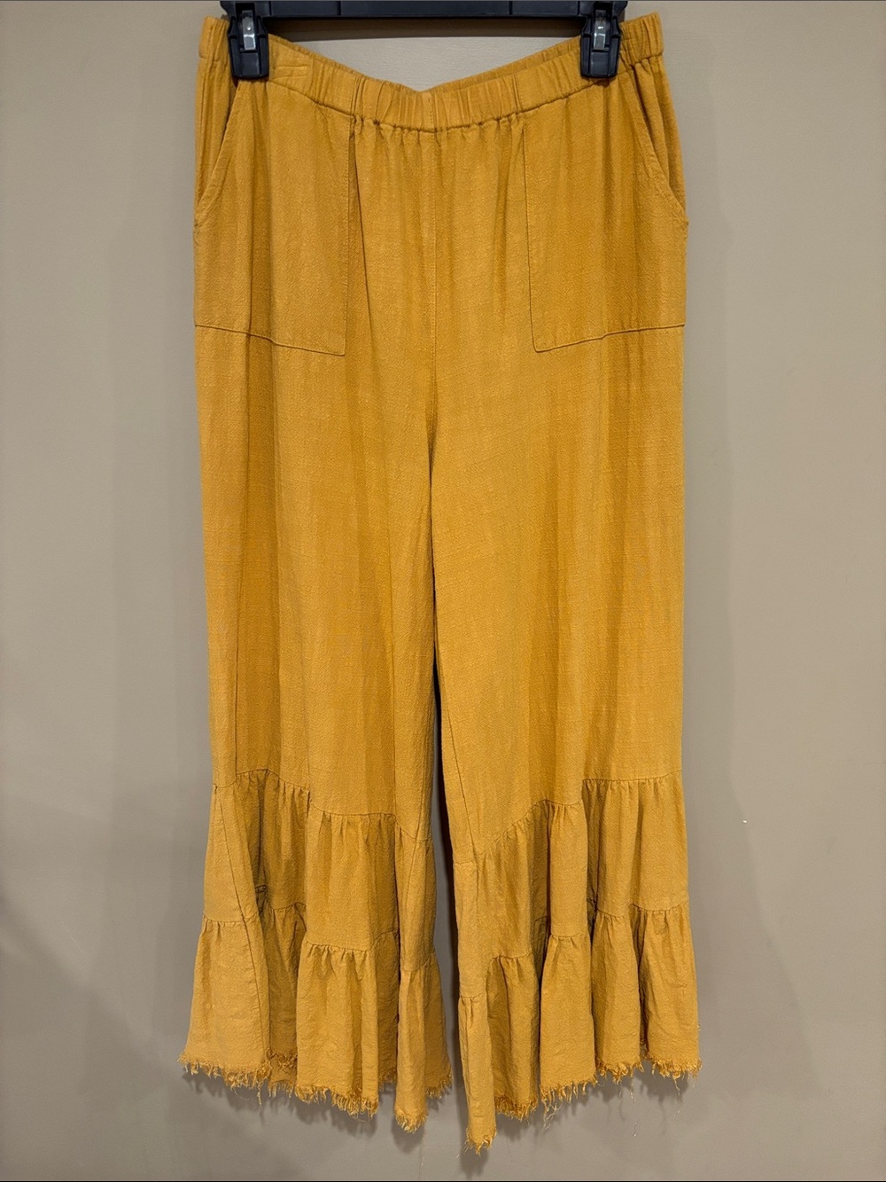 Mustard Ruffle-Hem Wide Leg Pants